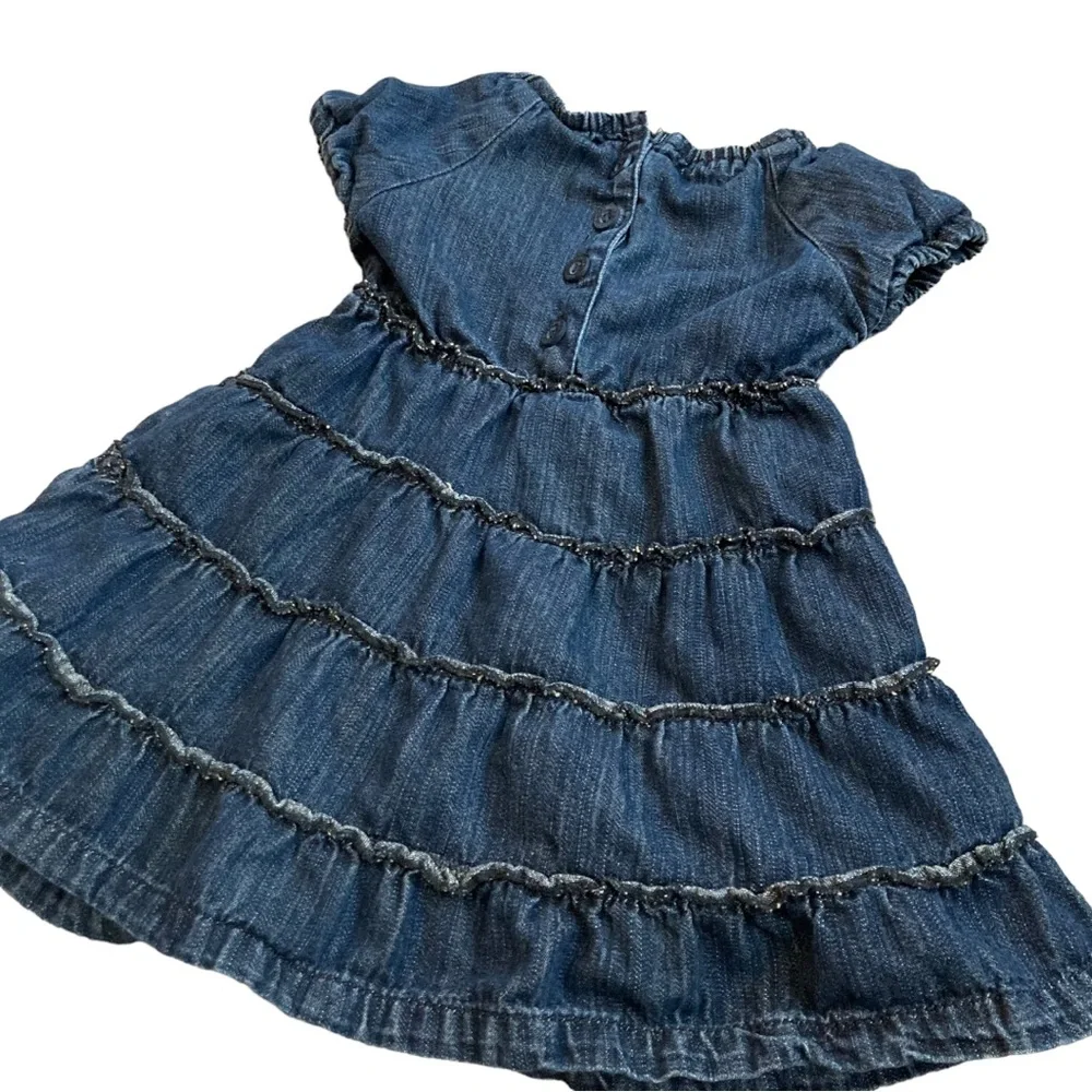 Paper denim & cloth denim tiered ruffle dress with puff sleeves, Sz 24M